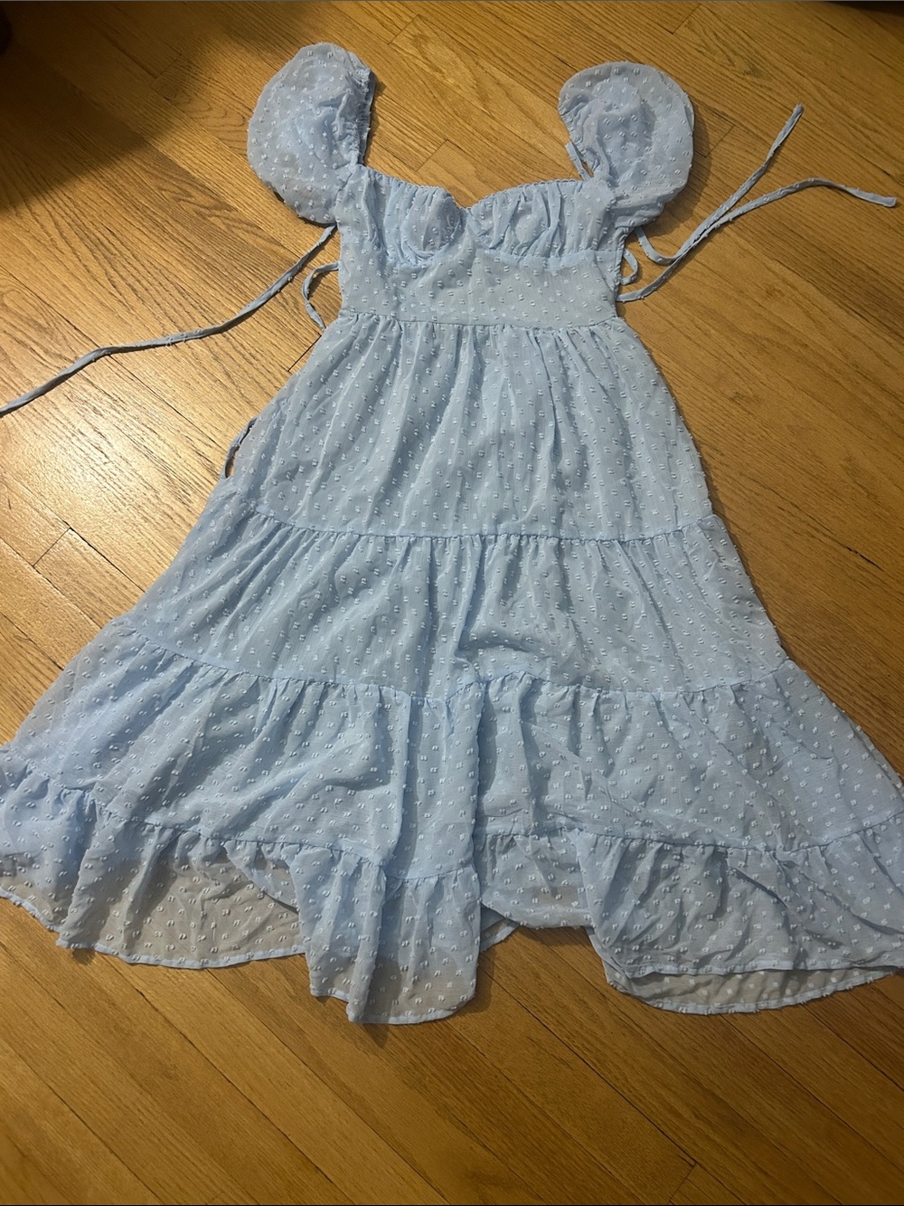 SHEIN Light Blue Swiss Dot Tiered Sundress with Puff Sleeves